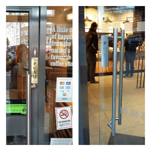 Photo of two doors with push signs and handles