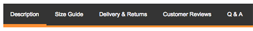 Screen grab of the page showing the tabs - Description, Size Guide, Delivery and Returns, Customer Reviews and Q and As.