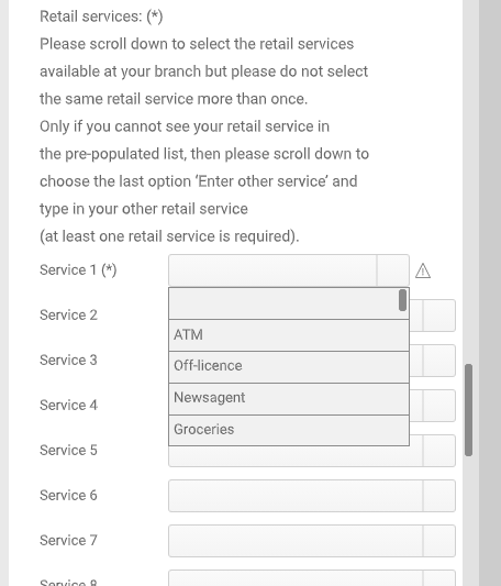 Dropdown boxes which show the different services postmasters can select.